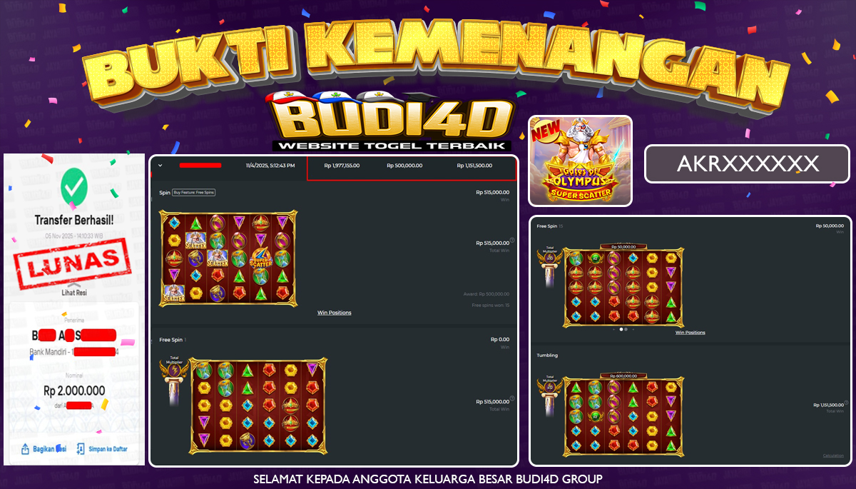 BUDI4D JACKPOT USER ID : AKR**** SLOT PRAGMATIC PLAY ( Gates of Olympus Super Scatter ) Rp.2.000.000,- LUNAS